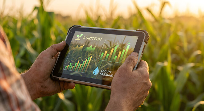 Agritech concept with farmer hands holding tablet showing smart farming data charts and graphs in green corn field at sunset. - Powered by Adobe