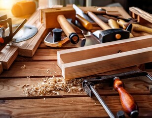 woodworking tools on wooden workbench in a carpentry workshop