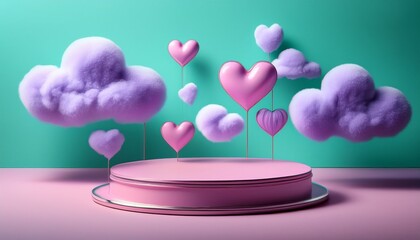 surreal pink stage with floating hearts and purple clouds on mint background
