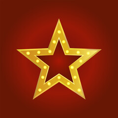 Golden Marquee Star with Glowing Lights on Red Background