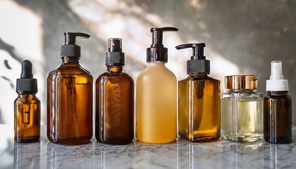 assorted skincare bottles and containers on marble surface in natural light