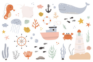 Cute Under the Sea Creatures and Nautical Elements Collection