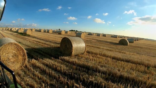 wide 4K view of multiple golden straw stacks arranged neatly in sunny open field prepared for winter storage and showcasing bright agricultural tones and rural landscape