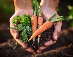 hands holding earth with growing vegetables carrots and greens