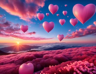 floating hearts and pink clouds in serene skyscape