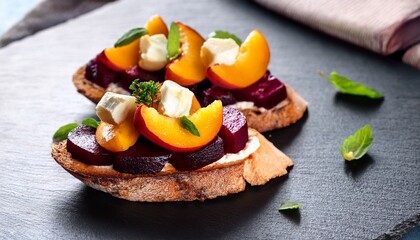 gourmet bruschetta with cheese beets and peaches on stone slate