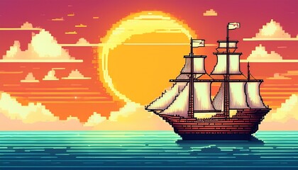 pixel art of a ship sailing on the sea with the sun in the background