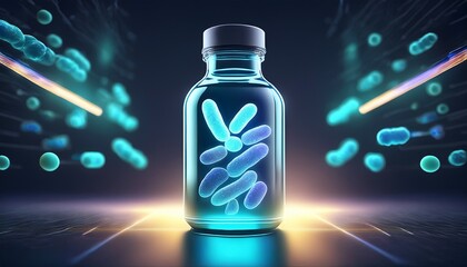 probiotic concept bottle with glowing bacteria in scientific visualization