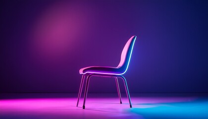 minimalist chair with neon lights isolated on dark purple background