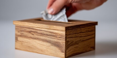 charity donation concept, a hand depositing money into a simple wooden sadaqah box against a plain background