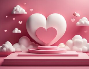 floating heart and cloud in pink pastel background with minimalist podium