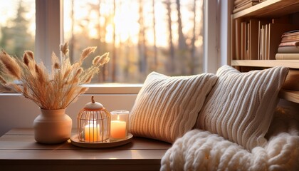 cozy reading nook with knit pillows and candles in sunlit room