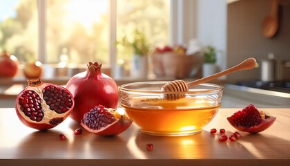 fresh pomegranates and honey in glass bowl in sunlit kitchen