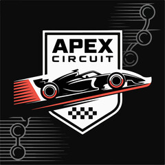 Apex Circuit open‑wheel racing crest with formula car and tech lines, checkered shield; modern motorsport badge vector for teams, events and apparel
