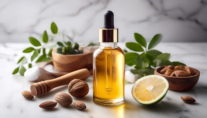 serum bottle with skincare ingredients on marble background