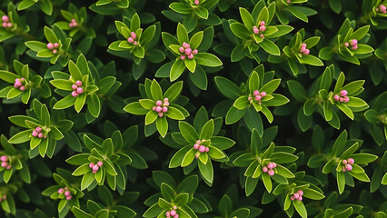 Lush Green Plants with Pink Buds, Nature Scene, Close-Up View, Beautiful Botanical Composition