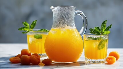 fruit drink presentation, a colorful glass pitcher and glasses of apricot nectar with mint leaves sit on a marble surface