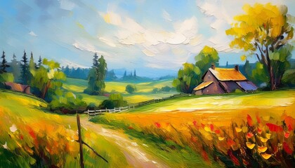 impressionist style oil painting of rural landscape impasto painting brush strokes clearly visible