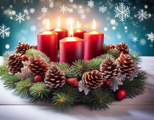 advent wreath with burning candles pine cones and snowflakes on table