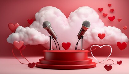 red podium with microphones surrounded by heart shaped clouds on pink background