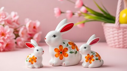 Beautiful white ceramic rabbit figurines with orange flowers