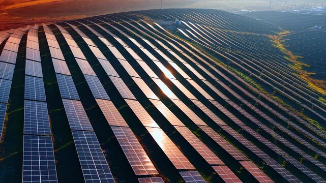 Photovoltaic cells lit with golden light of sunset. Renewable energy concept. Drone footage.