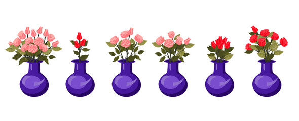 A set of rose bouquets in blue vases. Vector illustration on a white background.