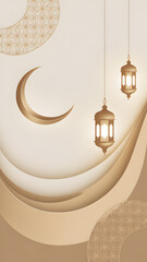 Elegant beige Ramadan background with crescent moon and hanging lanterns design.