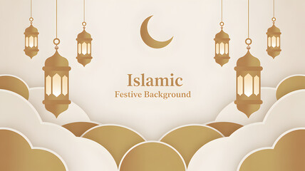 Elegant Islamic background with lanterns, crescent moon and clouds illustration.