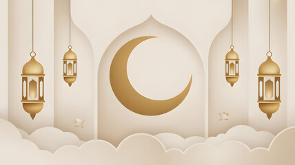 Elegant Ramadan background with crescent moon, lanterns, and clouds illustration.