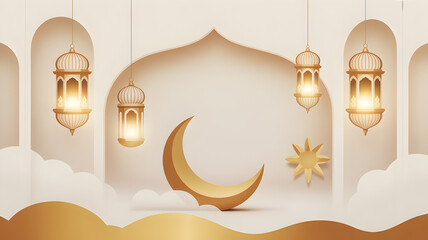 Golden Ramadan crescent moon, star, and lanterns against arches background.