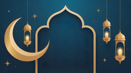 Eid Mubarak golden crescent moon, lanterns, and archway over a star field.