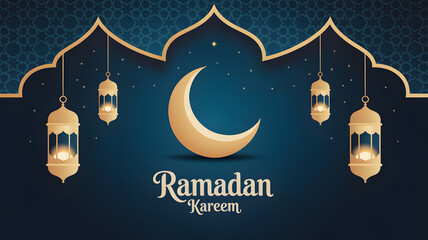 Elegant Ramadan Kareem vector design featuring crescent moon and hanging lanterns.