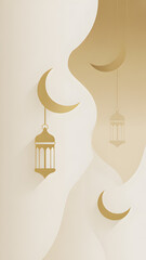 Elegant Islamic design with crescent moons and hanging lanterns illustration.