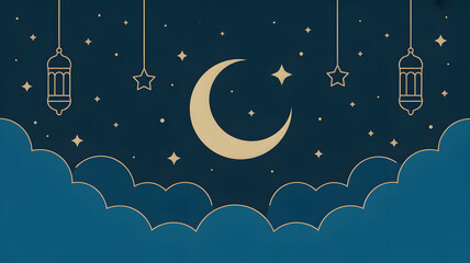 Eid Mubarak themed design with moon, stars, lanterns, and clouds.
