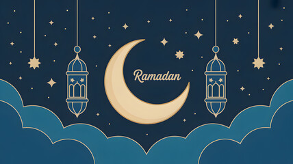 Ramadan crescent moon, lanterns, and stars on navy blue background image.