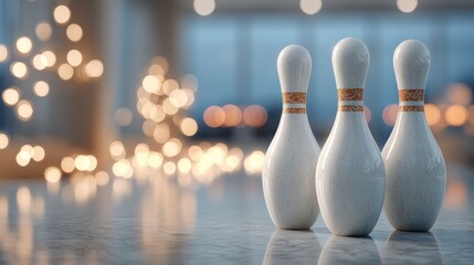 Three Bowling Pins with Golden Bokeh Background	
