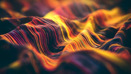 Fiery orange and red striped fabric waves blend with purple and black, creating luminous, dynamic abstract texture of sensual flowing energy.