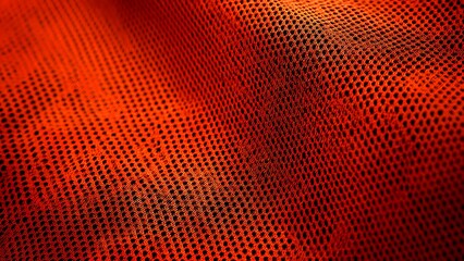 Vibrant red mesh fabric with tiny black holes textured surface with athletic material and bright orange-red lighting effect.