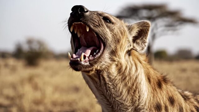 Spotted Hyena Yawning, Showing Teeth in African Savannah