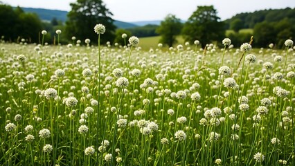 Obraz premium Field of white wildflowers in full bloom under clear sky