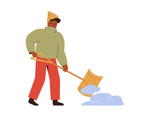 black young man removing snow with shovel in winter. male character in warm clothes cleaning yard or road after snowfall. vector illustration