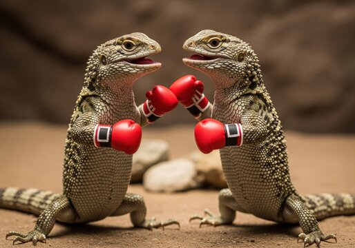 Two Funny Scaly Lizards Stand On Their Hind Legs Wearing Red Boxing Gloves Facing Each Other In A Sandy Desert Environment