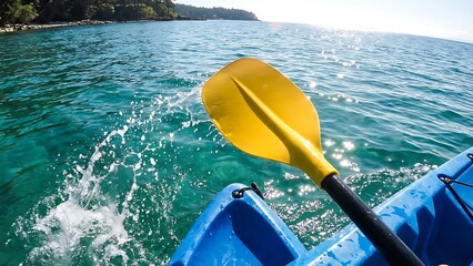 Kayaking adventure Hands-on paddle action in crystal clear blue water with splashes