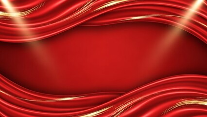 Elegant red fabric drapes, illuminated by spotlights, creating a luxurious background.