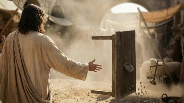 Jesus overturning a money changer&rsquo;s table during the temple cleansing