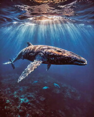 Humpback Whale Illuminated Beneath Ocean Surface