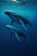 Humpback Whales Swimming Gracefully in Deep Blue Ocean