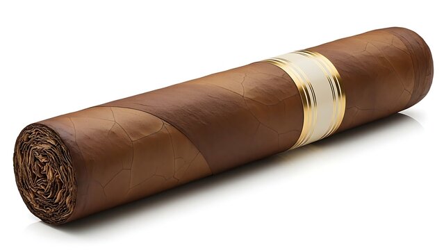A close up view of a single brown cigar with a white band