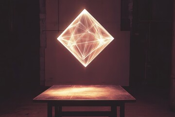 Illuminated geometric figure floating above a wooden table in a dimly lit room